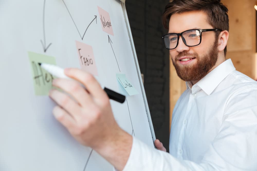 Ein Mann mit Brille schreibt auf ein Whiteboard.